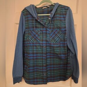 Blue Plaid Hooded Button-Up Shirt Jacket
